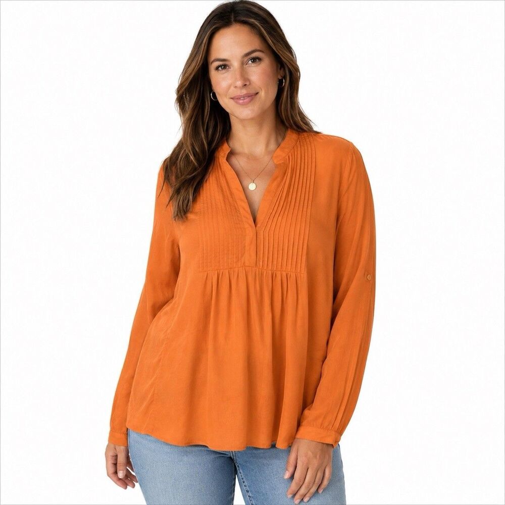 Michael Michael Kors Tunic Blouse Womens 4 Orange Silk V Neck Long Sleeve Top